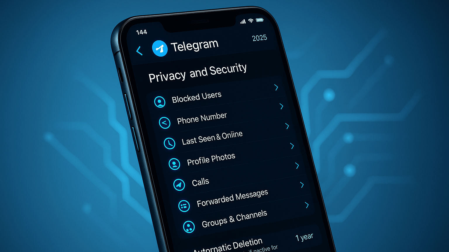 A modern smartphone displaying Telegram's 2025 interface with glowing blue icons and privacy settings, held against a clean, minimal tech-themed background.